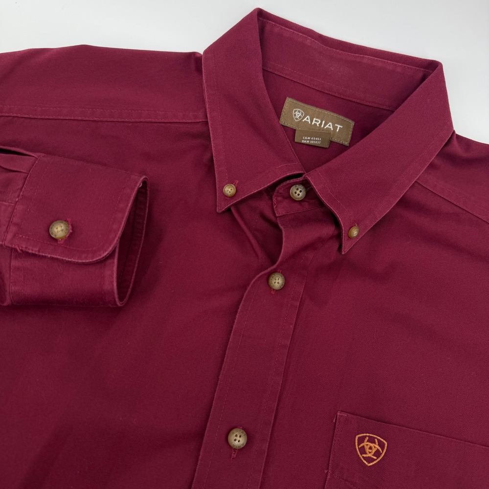 Ariat Button Down Shirt Men Large Burgundy Long Sleeve Cotton Twill Logo